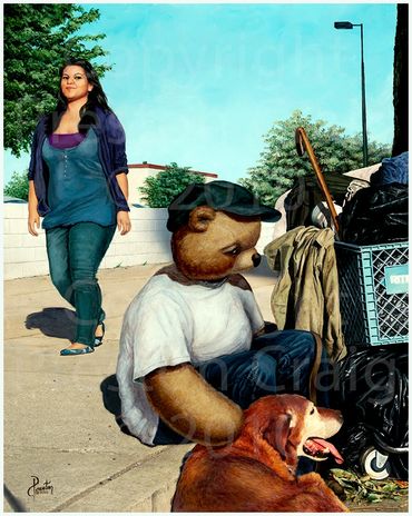 A Homeless Teddy sits on a curb with its pet, while a pedestrian walks by with a sneer of disdain on