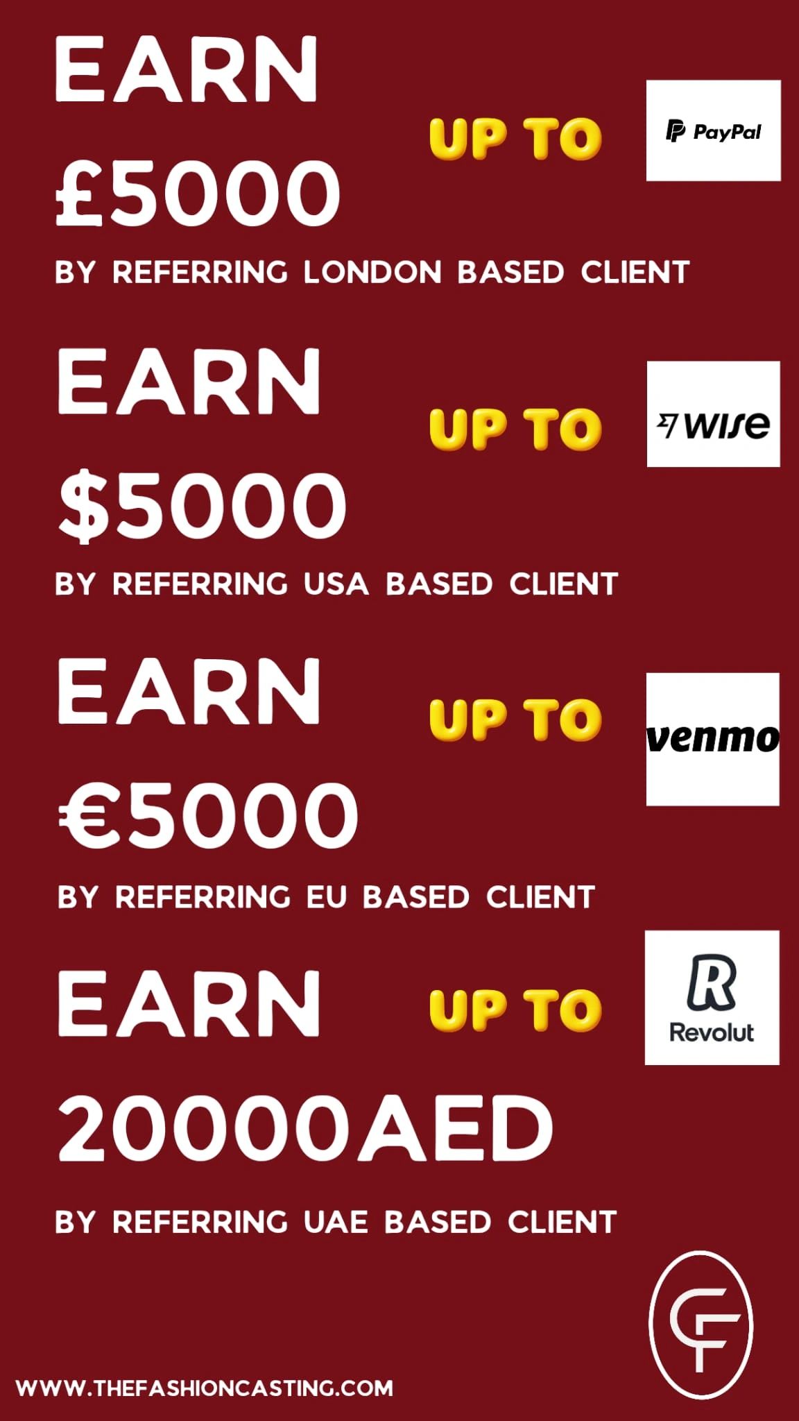 Referral program offering up to £5000, $5000, €5000, or 20000 AED for clients in London, USA, EU, and UAE.