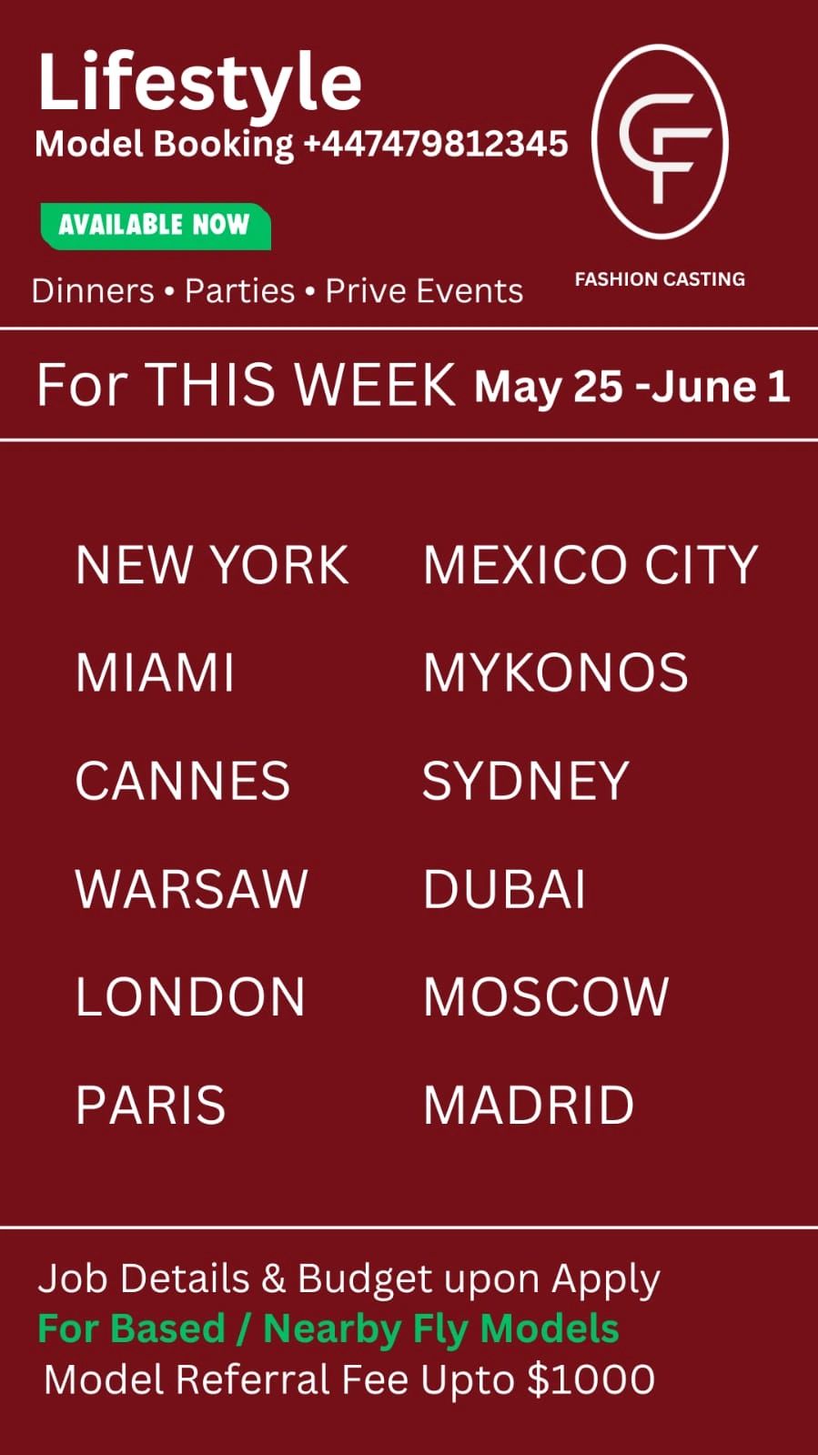 Fashion casting model bookings available this week in major cities worldwide.