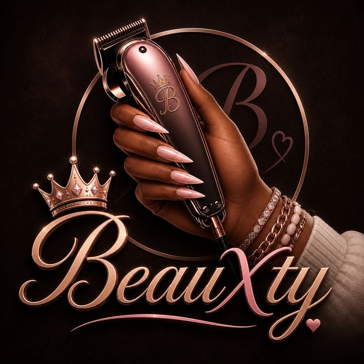 Elegant hand holding a rose gold hair clipper with the word BeauXty.