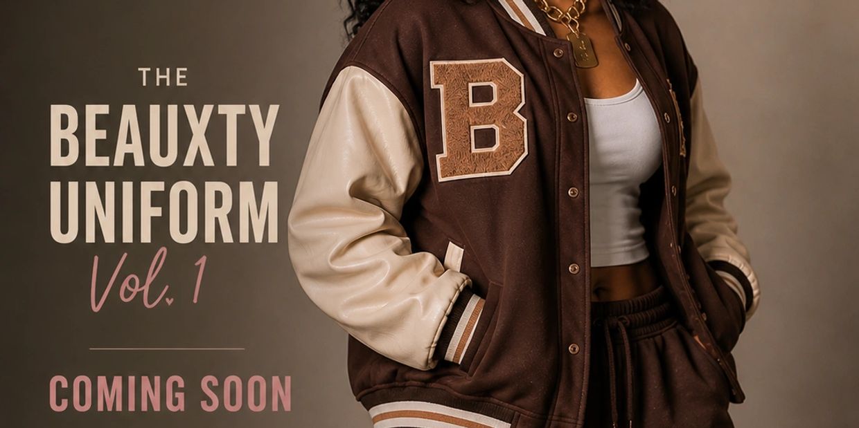 A stylish brown and cream varsity jacket with text announcing 'The Beauxty Uniform Vol. 1 Coming Soon'.