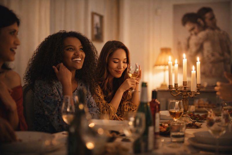 Group talking and laughing at candlelit dining table