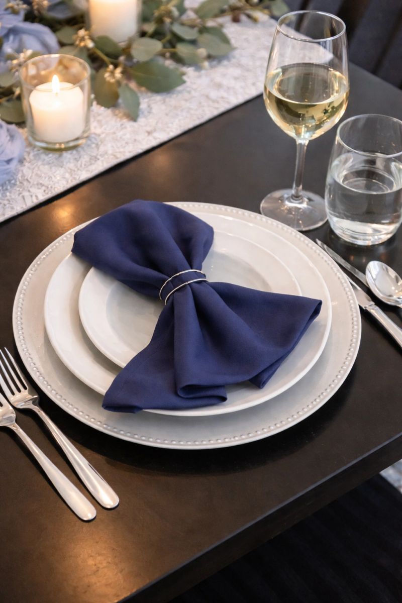 Table place setting with blue napkin and glass of white wine