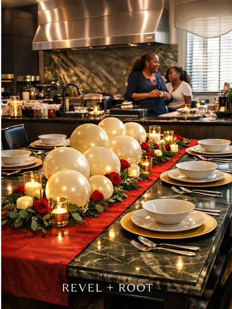 Festive dining table set with balloons and roses