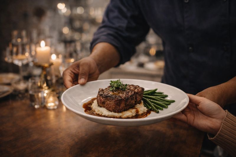 Person serving a plate with steak and mashed potatoes