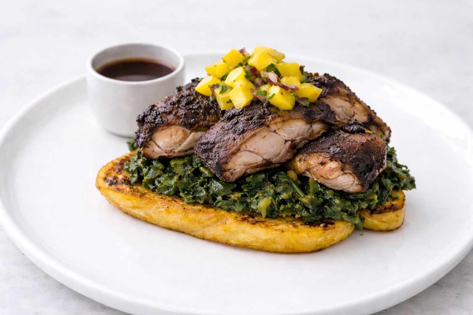 Roasted plantain topped with callaloo and jerk chicken