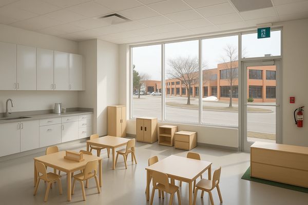 A photograph of an childcare centre's activity room with storefront windows looking outside.
