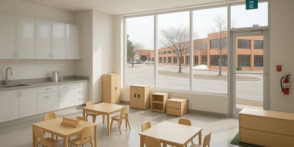 Rendering of a childcare classroom with large storefront windows in a commercial building complex.