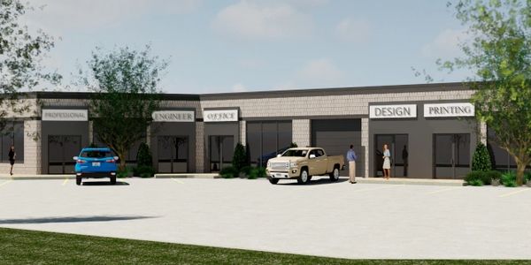 A rendering of a one story business plaza with beige masonry and warm grey stucco entry portals.