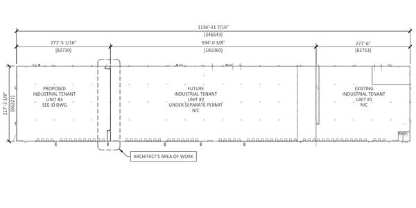 Floor plan of large warehouse indicating a demising partition area as the architect's scope of work