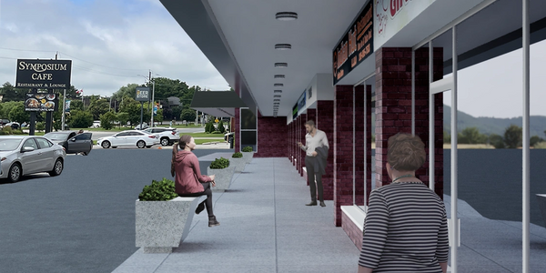 Rendering of a retail plaza canopy walkway with regular spacing of fixtures and signage.