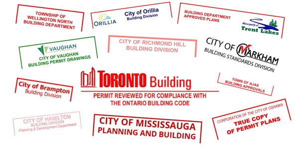 Collage graphic with many municipal building permit approval stamps, featuring Toronto in center