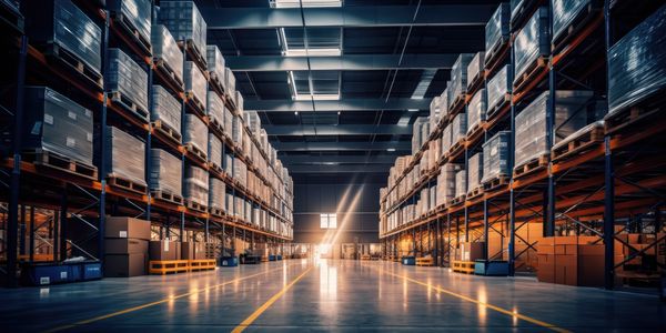 Inspirational photo of a full stocked warehouse aisle with sunlight entering deep in to the space.