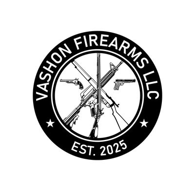 Black and white logo of Vashon Firearms LLC with crossed rifles and pistols.