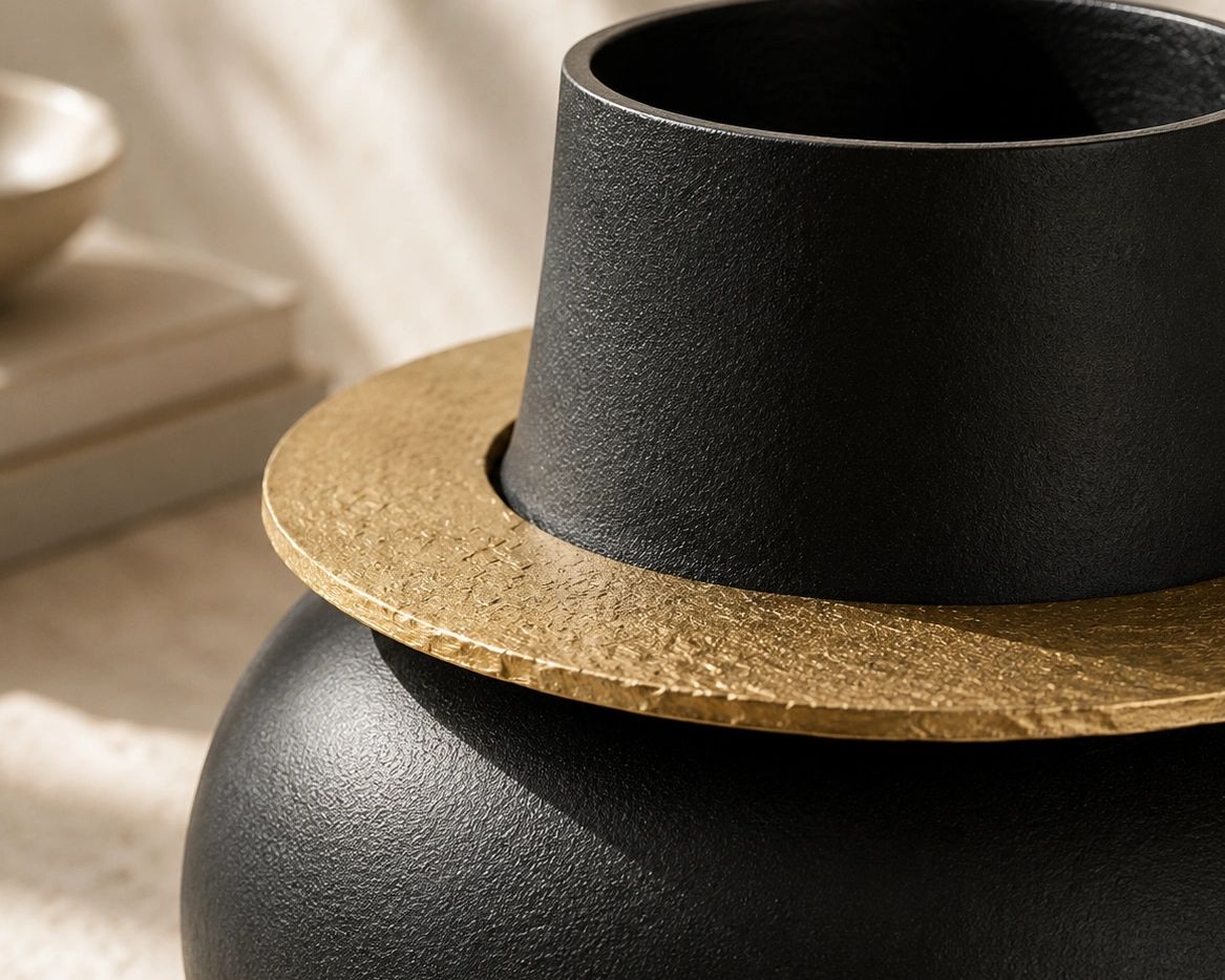 Vaso nero con bordo dorato decorativo.