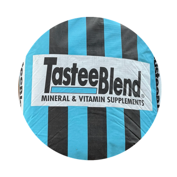 TasteeBlend mineral and vitamin supplement logo on striped background.