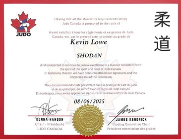 Judo Canada certificate promoting Kevin Lowe to Shodan rank dated 08/06/2025.