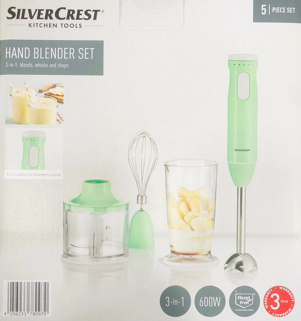 Silvercrest 3-in-1 Hand Blender Set Blends Whisks Chops Shreding 5 piece  Set 600W New - Green