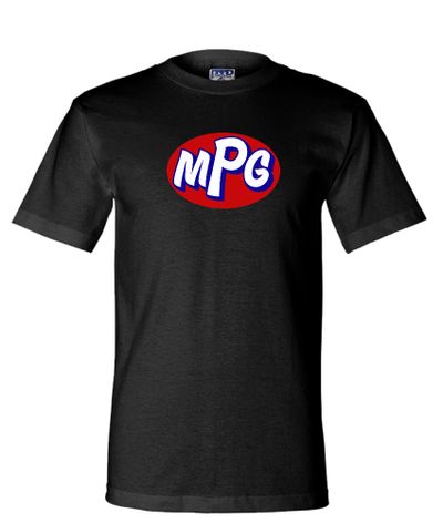 Black t-shirt with a red oval and white MPG letters in the center.