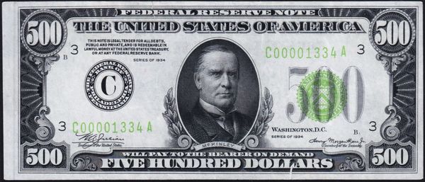 An image of a 1934 $500 face value Federal Reserve Note