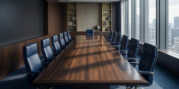 Modern conference room with a large wooden table and leather chairs.