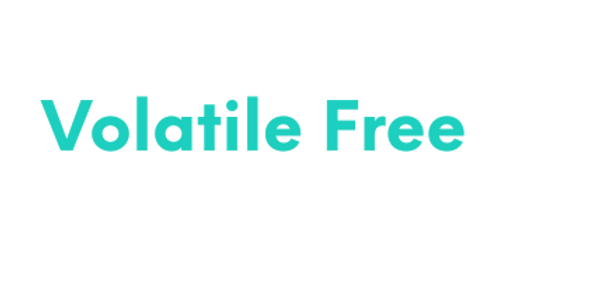Logo with the text 'Volatile Free' in blue-green color on a white background.