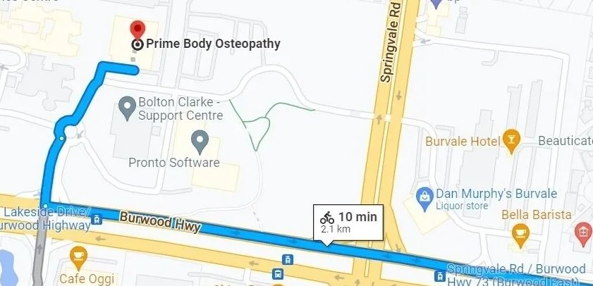 A map with additional directions to Prime Body Osteopathy off Burwood Highway in Forest Hill