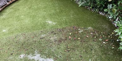 Artificial turf with scattered leaves and debris in a garden area.
