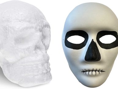 A translucent skull and a white mask painted like a skull face.