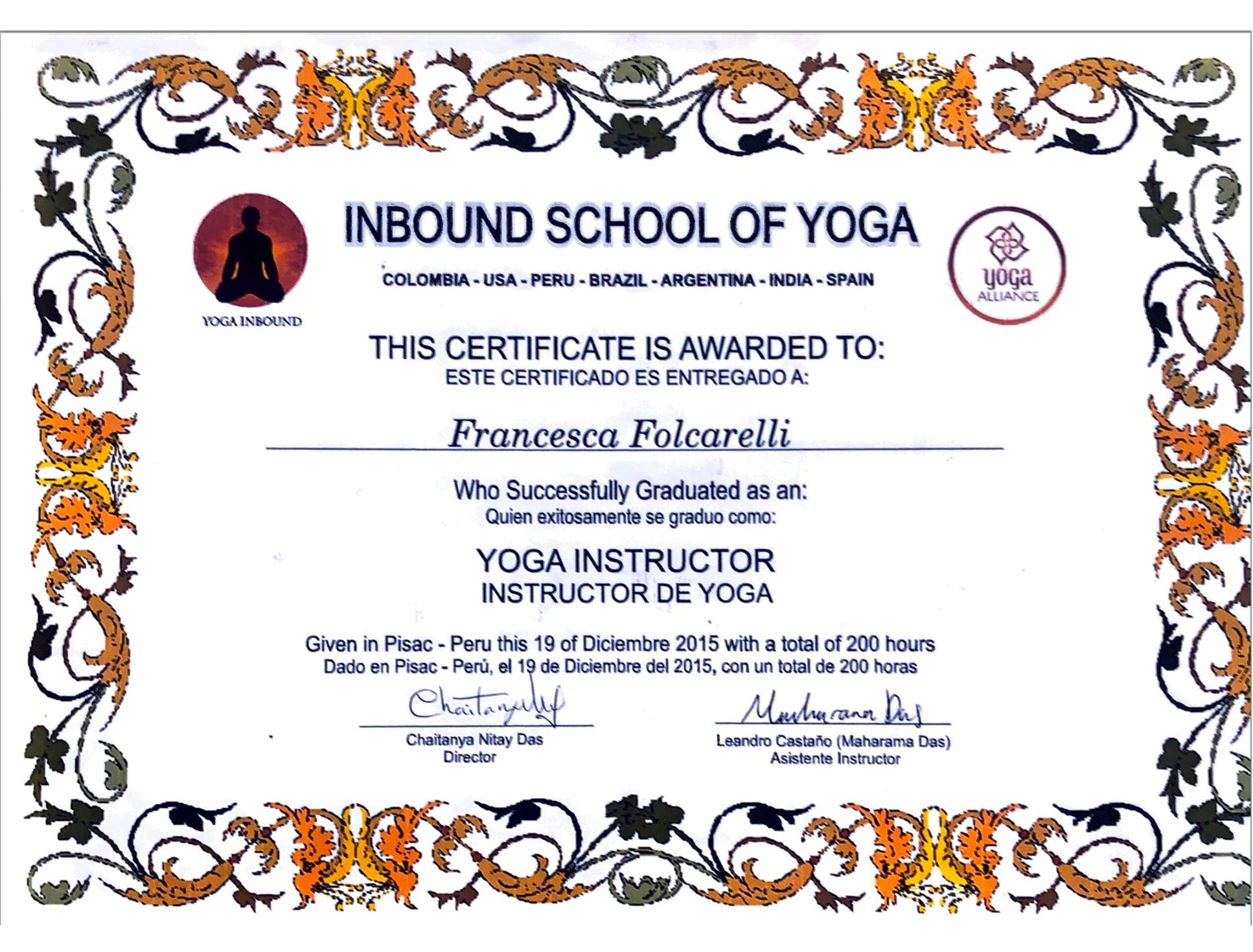 Yoga instructor certificate awarded to Francesca Folcarelli from Inbound School of Yoga.