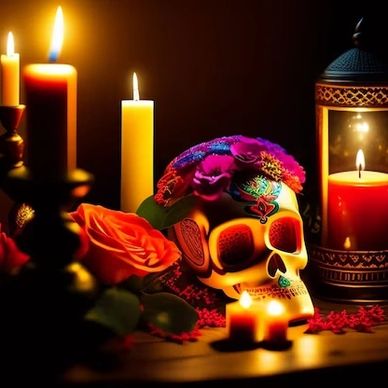 Decorated skull with candles and flowers in a vibrant Day of the Dead altar.