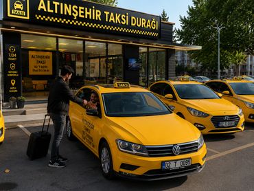 A man interacting with a taxi driver at a yellow taxi stand.