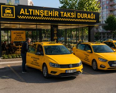 Yellow taxis parked at Altınşehir Taxi Stand with a driver interacting with a passenger.