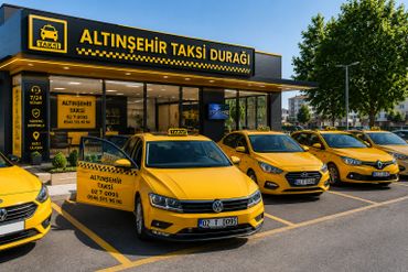 Yellow taxis parked in front of Altınşehir taxi stand with clear signage.