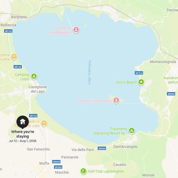 Map showing Lago Trasimeno area with key spots and accommodation marked.