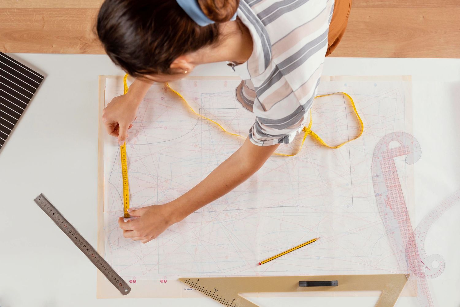 A person measuring fabric patterns with a tape measure and rulers on a table.