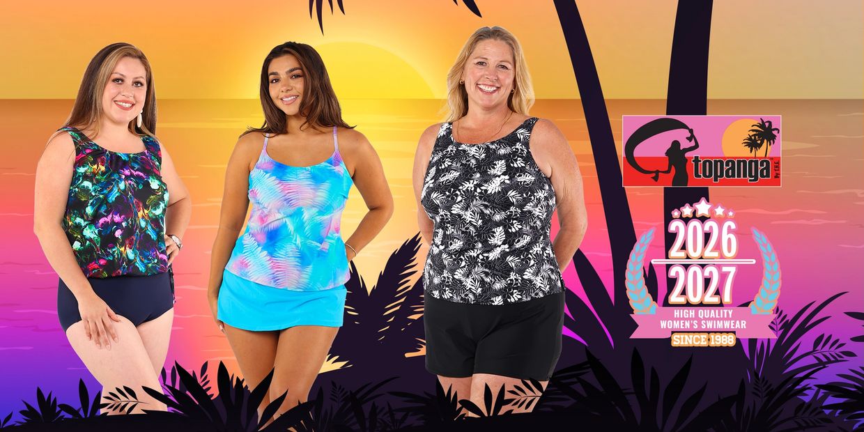 Three women model colorful swimwear against a tropical sunset background with Topanga branding.