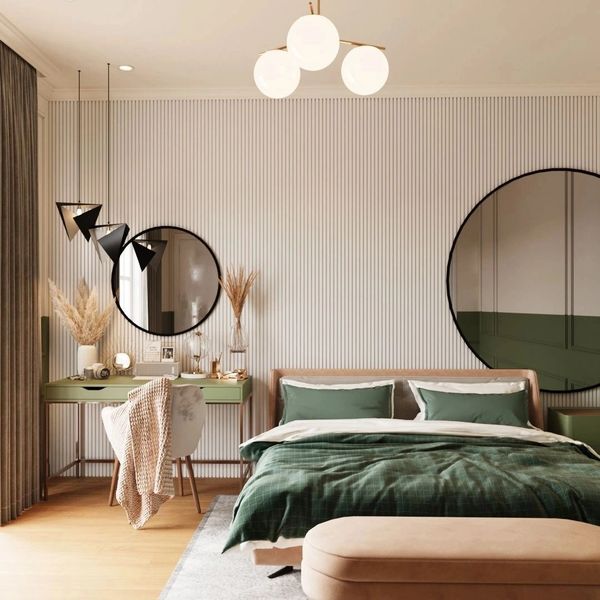 Zarif ve kontrast detayların olduğu modern yatak odası tasarımı