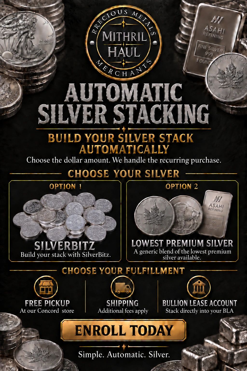 Advertisement for automatic silver stacking with options and fulfillment choices.
