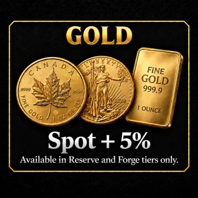 Gold coins and bar with a 5% spot increase offer.