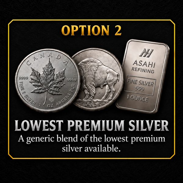 Presentation of lowest premium silver option with coins and a silver bar.