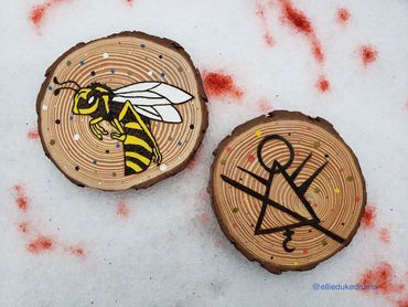 Pyrography Christina ricci Yellowjackets showtime letterman jacket bee logo stickman 