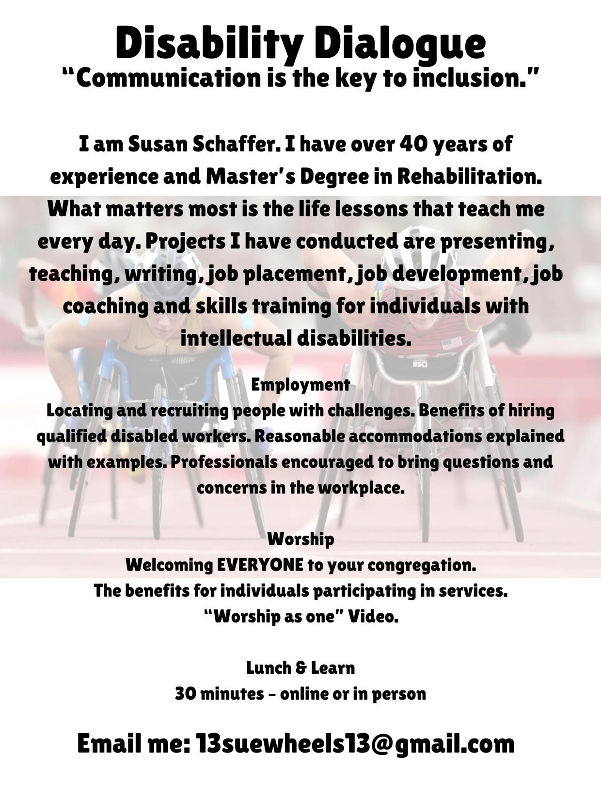 Flyer promoting Disability Dialogue by Susan Schaffer focused on inclusion and support for individuals with intellectual disabilities.