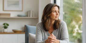 A thoughtful woman sitting beside a window, representing everyday anxiety and hope for positive chan