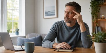 A thoughtful man pausing at his home workspace, representing stress, worry and difficulty switching 