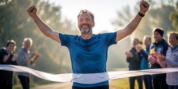 A runner crossing the finish line, celebrating confidence and achievement.