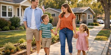A happy family of four walking hand in hand on a sunny suburban sidewalk.