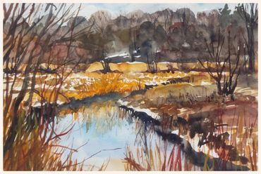 Watercolor painting of Québec farm brook in spring with melting snow.