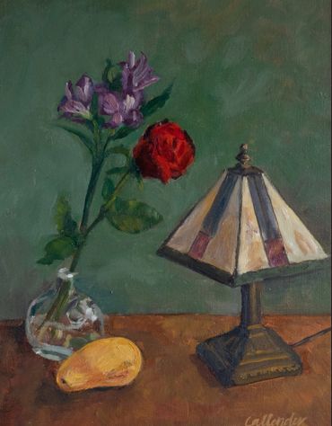 ROil Painting Still Life of Rose and Lamp