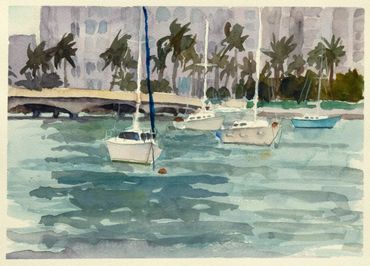 Watercolor of Sail Boats in Biscayne Bay